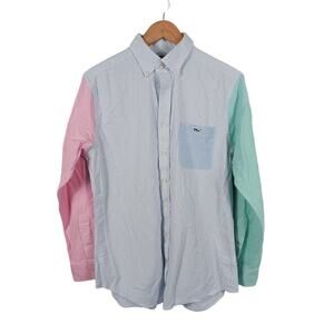 Vineyard Vine Mens Size M Button Up Pink and Green Sleeves Stripe Long Sleeves